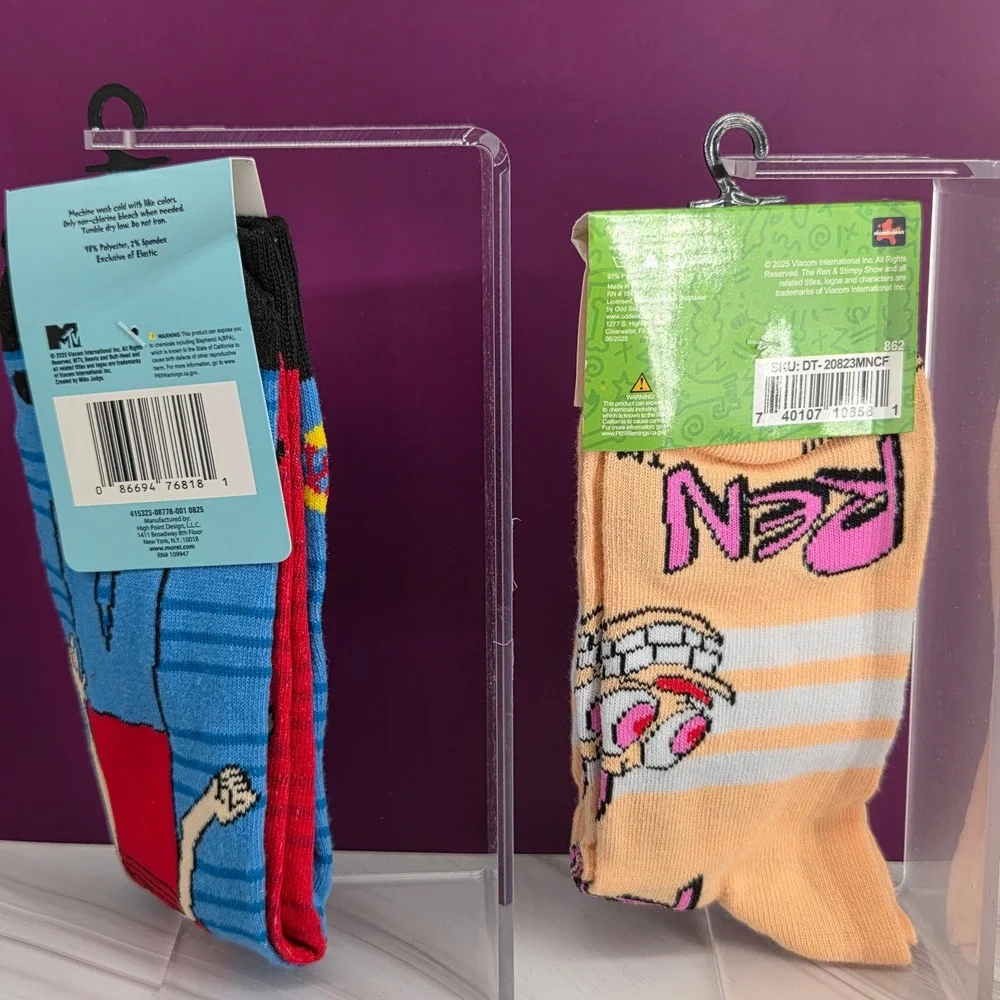 Nickelodeon MTV Crew Socks Mens 6-12 Beavis Butt-Head Ren Stimpy 90s Cartoon 2pk